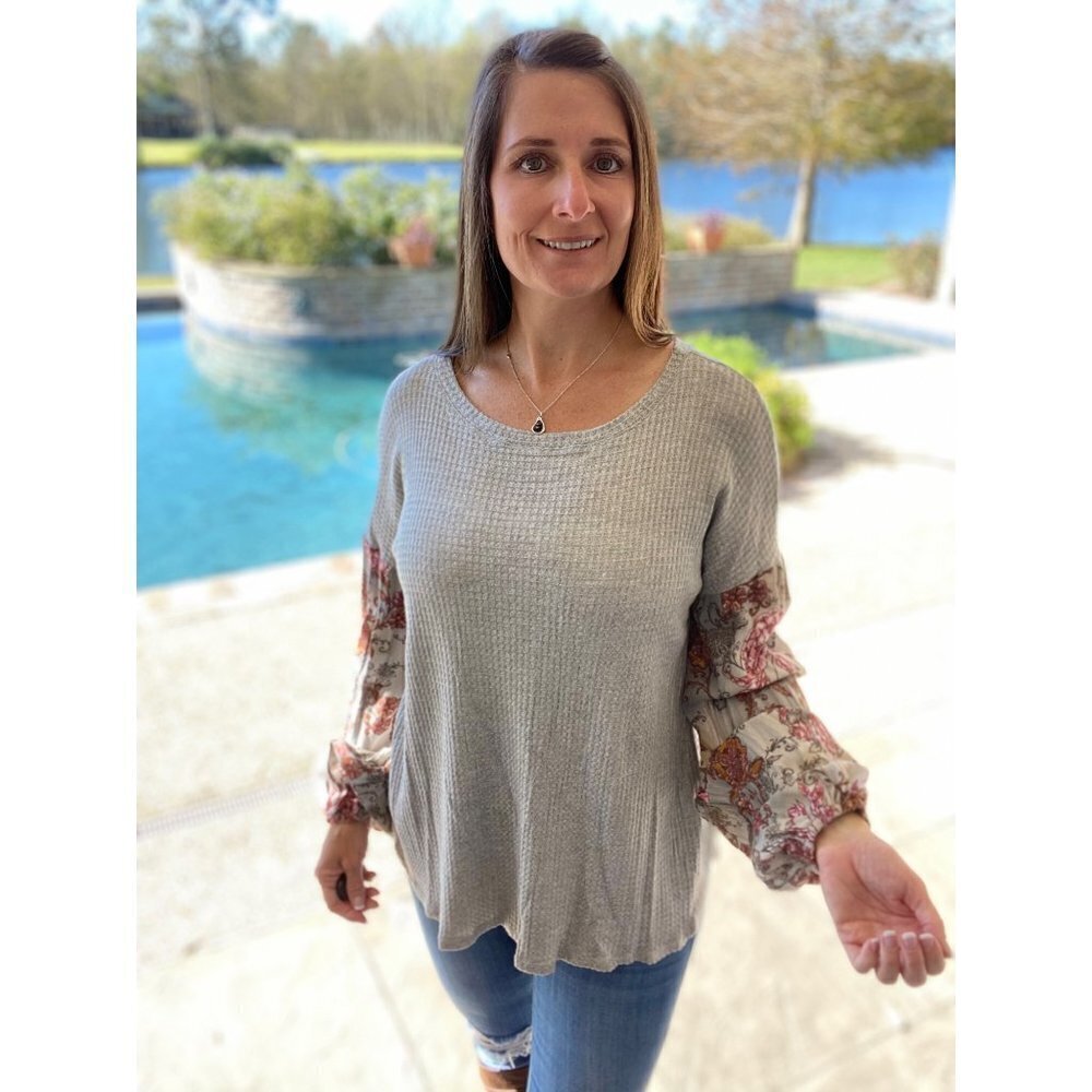 Woven Waffle Bishop Bubble Floral Long Sleeve Round Neck Top 1219